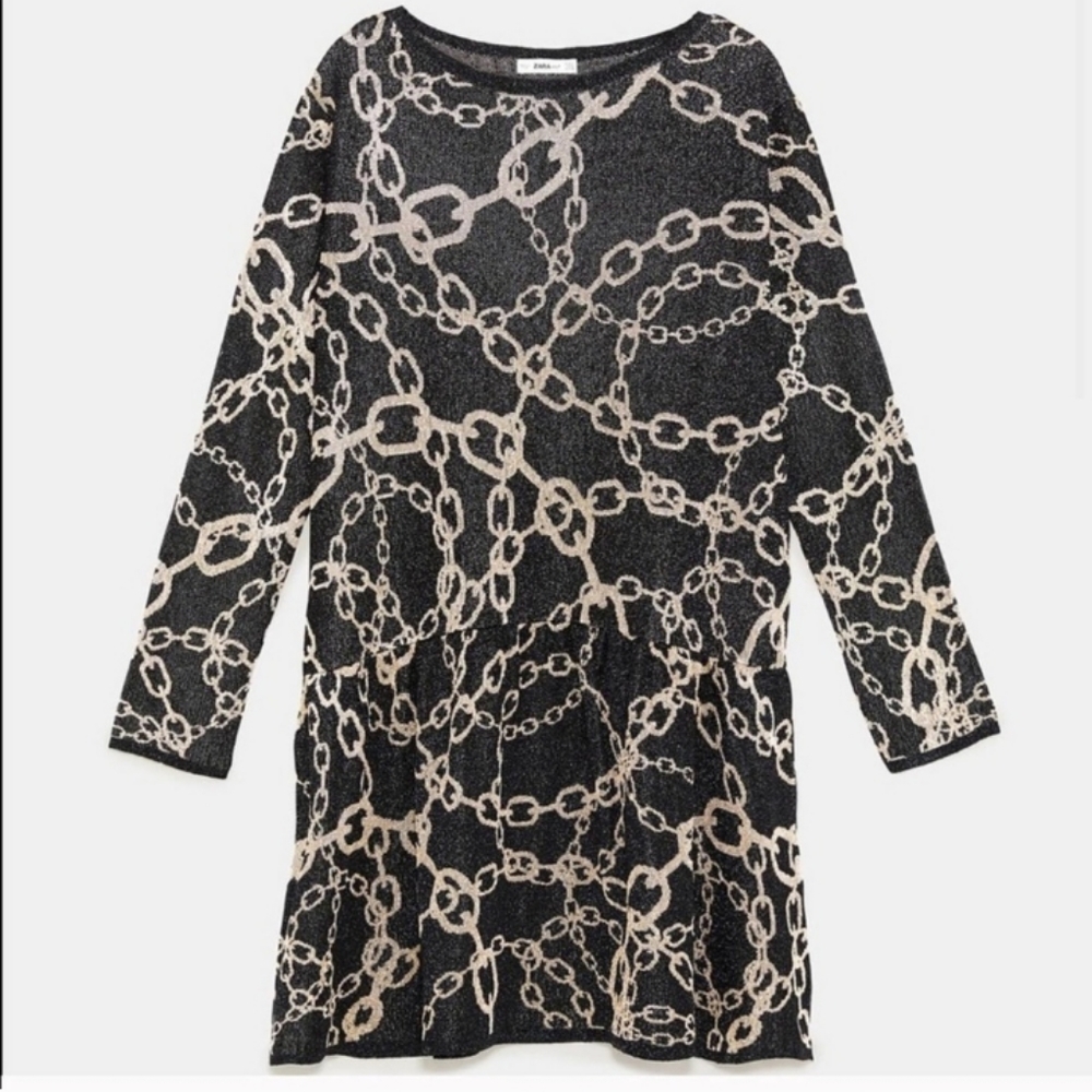NWT new Zara gold chain dress mini knit tiered long sleeve stretch oversized S